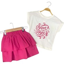 Waka Waka Kids Store Save The Bees" Baskılı Beyaz Tişört ve Kat Kat Pembe Etek Kız Çocuk Takım - Fuji