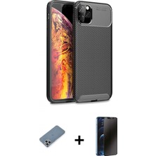 Marsilyan™- iPhone 11 Pro Max Kılıf Eksen Form Prime - Siyah 3D Antistatik Hayalet Cam Ekran Koruyucu + Metal Kamera Lens Koruma Cam - Gs