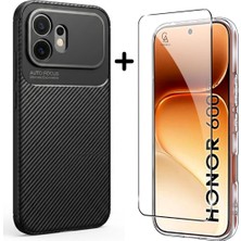 Coolacs Honor 600 ile Uyumlu Karbon Tasarım Silikon Telefon Kılıfı ve Temperli Cam Ekran Koruyucu