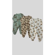 Waka Waka Kids Store Sevimli Dostlar Panda Kanguru  Baskılı Çıtçıt Kapamalı Patikli 3lü Set Ünisex Tulum - Ekru-Yeşil-Bej