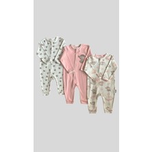 Waka Waka Kids Store Sevimli Fil Bulut Kalp Baskılı Fermuar Kapamalı Lastikli Paçalı 3lü Ünisex Tulum - Pembe-Ekru-Beyaz