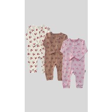 Waka Waka Kids Store Sevimli Fare Baskılı Fermuar Kapamalı Paçaları Ribanalı 3lü Set Kız Bebek Tulum - Pembe-Gül-Ekru