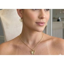 twingold Gold Renk Kelebek Detaylı 3'lü Kolye Top Küpe Seti