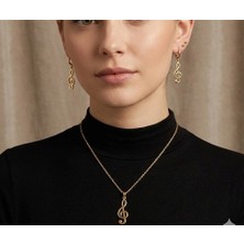 twingold Gold Renk Müzik Nota Detaylı 3'lü Kolye Top Küpe Seti