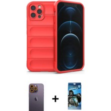 Marsilyan™- iPhone 12 Pro Max Kılıf Atlas Koleksiyonu - Siyah 34D Izgaralı Cam + Neon Fosforlu Kamera Lens - Sı