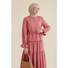 Moda Morfo Önü Düğmeli Kolu Lastikli Tünel Bağcıklı Keten Takım -Nar Çiçeği