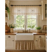Sister Home Design Country Bee Arı Desenli Mutfak Perdesi – %100 Pamuk Keten Görünümlü, Fırfırlı Rustik Farmhouse Tül Perde