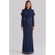 Olcay İnci ve Pul Desenli Exclusive Tesettür Abiye Elbise LACİVERT 1090