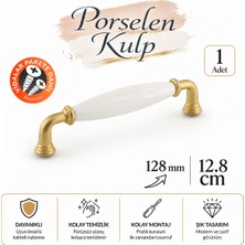 Badem10 Elissa Porselen Mat Altın Kulp 128 mm 12.8 cm Mobilya Çekmece Dolabı Dolap Kapak Kulplar Kulb Kulpu
