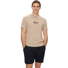 Ucla Angelo Koyu Bej Bisiklet Yaka Baskılı Yumuşak Dokulu Modal Kumaş Standard Fit Erkek Tshirt
