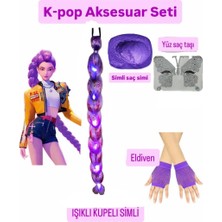3b Kids kpop rumi seti+mor aksesuar ışıklı örgü peruk saç +mor simli saç tozu+eldiven+yüz ve saç taşı(videolu)