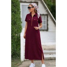 Defy Moda Kadın Kısa Kollu Yakalı Fermuarlı Uzun Viskon Iki Iplik Elbise
