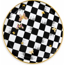 Sudedi Home Gerçek Altın Yaldızlı Cam Pasta Tabağı 21 cm Siyah Beyaz Dama Desenli 1 Kişilik Set