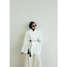 Moda Aksa 7437 Oversize Premium Astarlı Blazer__ Beyaz