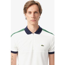 Lacoste Men's Regular Fit Zippered Polo T-Shirt Erkek Fermuarlı Polo Yaka Renk Bloklu Tişört Beyaz