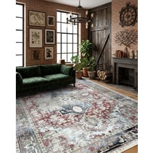 Pera Halı Eskitme Madalyon Desenli Bordo ve Mavi Vintage Halı - AR858RM