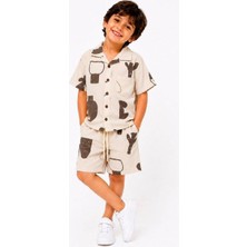 Cg Kids Desenli Ince Keten Kaliteli Kumaş Erkek Çocuk Alt Üst Takım Kahve Tonları