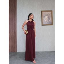 Esra Helvacı Mürdüm Bel Bağlamalı Yırtmaçlı Elbise