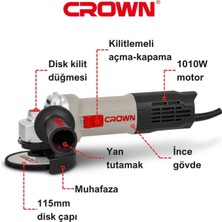 Badem10 Crown 1010W 115MM Avuç Taşlama Makinesi Metal Taş Ahşap Seramik Kesme CT13567 115R