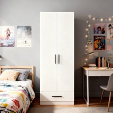 Modüleva Moduleva Beyaz 2 Kapaklı Çekmeli Elbise Dolabı Suntalam Malzeme ile Modern Tasarım