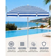 Durul Plaj Şemsiyesi Balkon Bahçe Güneş Şemsiyesi 200CM 10 Telli Uv Korumalı – Mavi Çizgili
