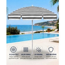 Durul Plaj Şemsiyesi Balkon Bahçe Güneş Şemsiyesi 200CM 10 Telli Uv Korumalı – Gri Çizgili