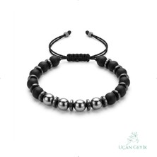 Uçan Geyik Hematit & Oniks Doğal Taş Bileklik - Esnek Makrome Örgü 8mm  | Kadın Erkek Bileklik
