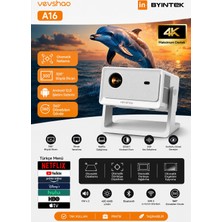 Byintek Vevshao A16 Projeksiyon Cihazı, Full HD 1080P Çözünürlük, 400 ANSI Lümen, Android 12, Wi-Fi 6, Bluetooth 5.0, Otomatik Odaklama, Otomatik Düzeltme, 360° Döndürme, 35"-200" Ekran Boyutu