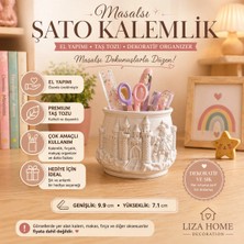 Liza Home Decoration Masalsı Şato Desenli Taş Tozu Kalemlik & Organizer | El Yapımı Dekoratif Çok Amaçlı Kap
