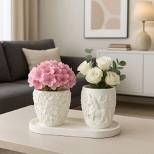 Liza Home Decoration Unicorn & Kabartmalı Çiçek Desenli 3’ Lü Dekoratif Set (Vazo, Kalemlik , Fırçalık )