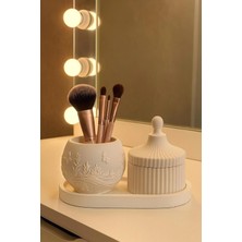 Liza Home Decoration Kapaklı Kutu & Kelebek Desenli Saksı / Kalemlik / Fırçalık 3’li Dekoratif Set - Beyaz
