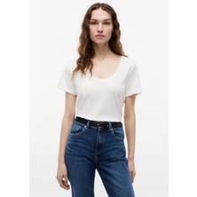 Tommy Hilfiger Kadın Regular Fit Keten ve Pamuk Karışımlı Açık Yuvarlak Yakalı Kısa Kollu Beyaz T-Shirt WW0WW48705-YBL