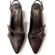 Ne&Ve Shoes Kahve Deri Üç Tokalı Kadın Sivri Burun Kalın Topuklu  Ayakkabı