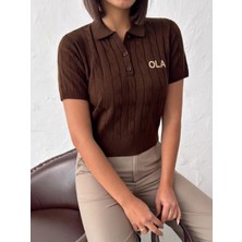 Trend Butik Burada Kadın Polo Yaka Düğmeli Saç Örgü Desenli Kısa Kollu Triko Bluz