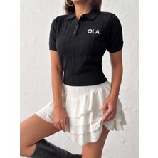 Trend Butik Burada Kadın Polo Yaka Düğmeli Saç Örgü Desenli Kısa Kollu Triko Bluz