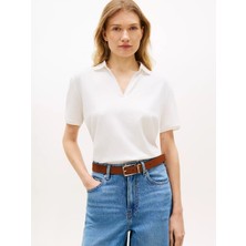 Tommy Hilfiger Kadın Normal Kalıp Pamuklu Kısa Kollu Beyaz Polo Yaka T-Shirt WW0WW48720-YBL