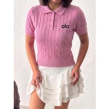 Trend Butik Burada Kadın Polo Yaka Düğmeli Saç Örgü Desenli Kısa Kollu Triko Bluz