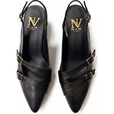 Ne&Ve Shoes Siyah Deri Üç Tokalı Kadın Sivri Burun Kalın Topuklu  Ayakkabı