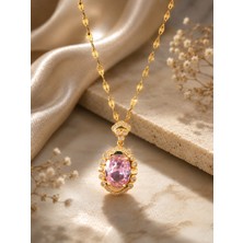 Lia Charm Kadınlar Için Özel Tasarım 14 Ayar Altın Kaplama Oval Pembe Zirkon Taşlı Kolye