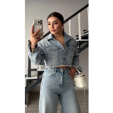 Elisin Açık Mavi Taşlı Crop Denim Ceket