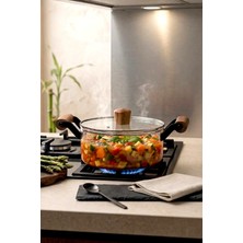 Kitchen Life Ahşap Kulplu,kapaklı Şeffaf Borosilikat Cam Tencere-Pişirme Tenceresi 2,5 Litre