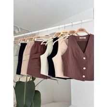 Meks Mini Yelekli Şortlu Keten Takım 10176-08