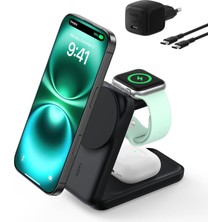 Belkin Ultracharge Magsafe Uyumlu 3’ü 1 Arada Qi2 25W Kablosuz Şarj Cihazı, iPhone 17, Apple Watch, Airpods, Pixelsnap, Dönüştürülebilir Masaüstü Standı, 45W Adaptör, Siyah