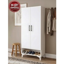 Asude Home Ayakkabılık, 8 Raflı 2 Kapaklı Beyaz Ayakkabılık, 24 Çift Ayakkabı Kapasiteli, Çok Amaçlı Dolap, Ayaklı Dolap, Kiler, Erzak Dolabı