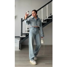 Elisin Açık Mavi Taşlı Wide Leg Jean