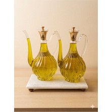 Lumindra Mermer Stantlı Borosilikat Cam Glorry Cam Yağlık 700 ML+700 ml Çizgili Tasarım Gold Kafalı