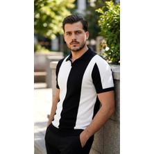 Meks Erkek Kısa Kollu Polo Yakalı Blok Desenli Triko Bluz