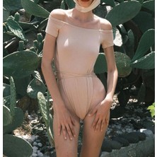 AGM Nude Derin Dekolteli Belden Bağlamalı Straplez Bodysuit , Ten Rengi Derin Sırt ve Yan Dekolteli Penye Body