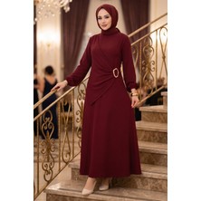 Hafsa Mina Yandan Tokalı Ayrobin Elbise Bordo HM2914