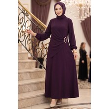Hafsa Mina Yandan Tokalı Ayrobin Elbise Mürdüm HM2914